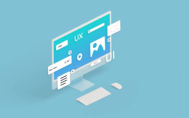 Web veya uygulama geliştirme kavramını gösteren kullanıcı arayüzü modüllerine sahip Isometric bilgisayar görüntüsü. Dijital tasarım ve geliştirme