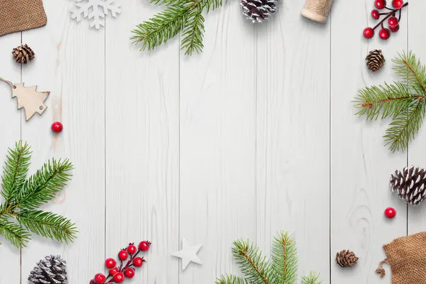 Top View Festive White Wooden Desk Christmas Decorations Gifts Copy — Stock Photo, Image