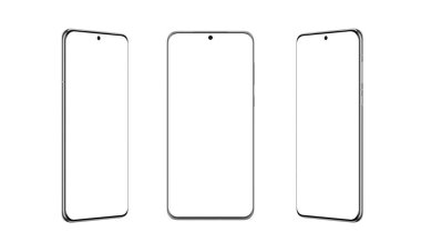 İnce, yuvarlak kenarlı, üç pozisyonda, beyaz üzerinde izole edilmiş akıllı telefon. Çok yönlü telefon modeli, modern tasarım ve uygulama sunumları için ideal