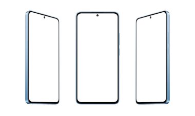 Mavi, modern akıllı telefon modeli, ince, yuvarlak kenarlı, beyaz arka planda üç pozisyonda sergileniyor.