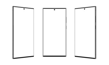 Modern kare şeklindeki akıllı telefonun üç konumu ince, keskin kenarlı, beyaz üzerinde izole edilmiş.