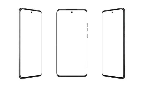 Smartphone Moderno Com Bordas Finas Redondas Três Posições Isolado Branco Imagens Royalty-Free
