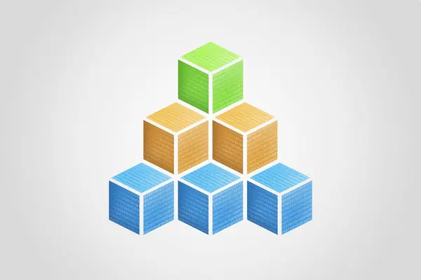 Pyramid of blockchain cubes with binary code, featuring blue, orange, and green hues. Symbolic of digital advancement and connectivity