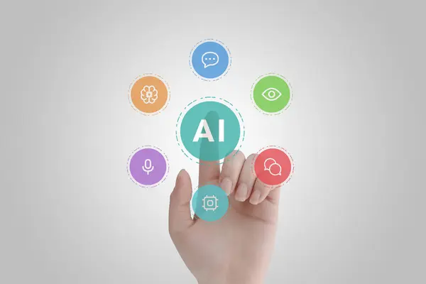 Hand touches levitating AI icons:. Concept of development of AI technology with human touch. Icons represent language processing, vision, machine learning