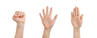 Çocuğun izole eli. Kapalı, yayılmış ve jestleri durduran, iletişimi teşvik eden ve el işaretleriyle anlamayı teşvik eden
