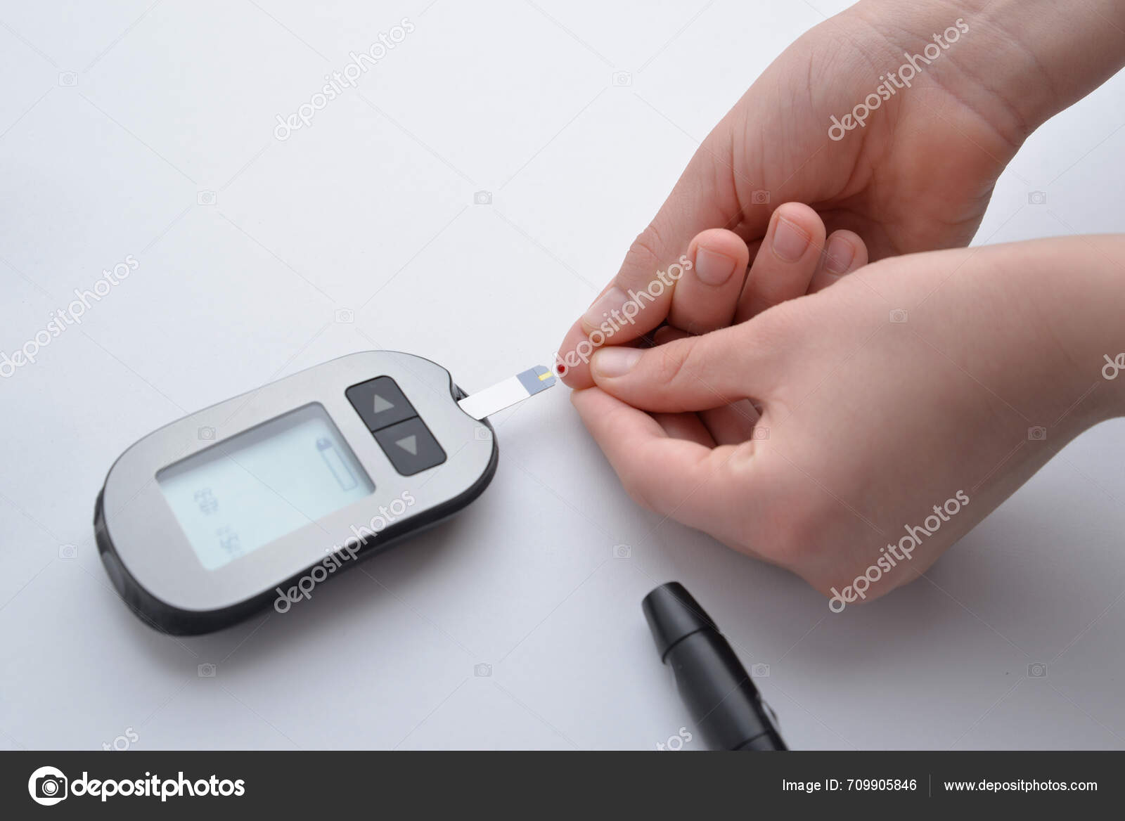 Applying Blood Finger Strip Device Measuring Blood Glucose Levels