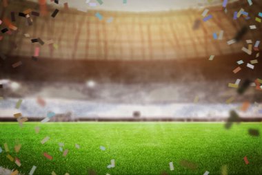 Futbol stadyumunda konfeti. Ortası boş, spor müsabakaları sırasında ürün veya marka tanıtımı için mükemmel.