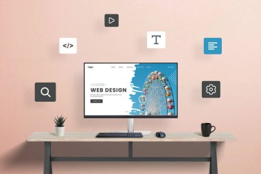 Modüler tasarım ile web sitesi oluşturma kavramı. Metin, kod, video, arama ve yönetim modülleri çalışma masasındaki bilgisayar ekranında web sayfası etrafında yüzüyor