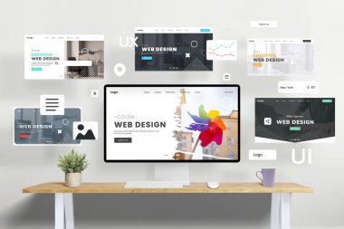 Web tasarım stüdyo konsepti sayfaları web sayfası modülleriyle uçuyor, yaratıcılık sürecini gözler önüne seriyor ve bir portföy sunuyor. Dijital pazarlama ve tasarım ilham kaynağı için ideal resim