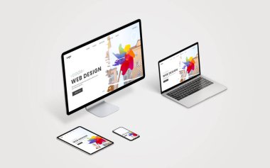 Masaüstü, laptop, tablet ve mobil ekranlar için optimize edilmiş bir web tasarımı göstererek, ilgili tasarım ve çeşitli aygıtlar için ölçeklenebilir web uygulamalarının önemini teşvik eder