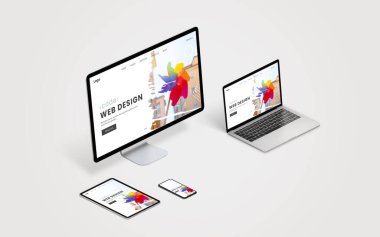 Responsive displays showcasing a web design optimized for desktop, laptop, tablet, and mobile screens, promoting the importance of responsive design and scalable web applications for diverse devices clipart