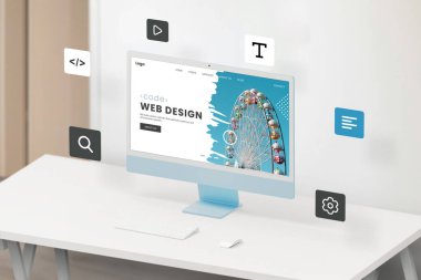 Çalışma masasında izometrik bir görünümde modern bilgisayar görüntüsü, metin, simgeler, ayarlar, kod, oyun, yazı tipi ve arama gibi yüzen web modülleri içeren bir web tasarım stüdyo sayfası sergiliyor