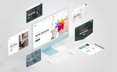 Bir web tasarım stüdyosunun gücünü gösteren, benzer sayfaların yüzdüğü kavramsal bir web tasarım sayfası görüntüle. Dinamik görsel cazibe için izometrik bir görünümde sunulmuştur