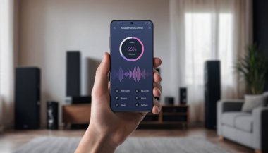 Controlling home sound system with a mobile app. Hand holding smartphone, adjusting audio settings with visible speakers in a modern living room, smart home technology for seamless entertainment. clipart