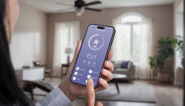Oturma odasındaki tavan vantilatörünü mobil bir uygulama ile kontrol etmek. Akıllı telefon tutan kadın, fan ayarlarını ayarlayan, konfor ve kolaylık için modern akıllı ev teknolojisi.