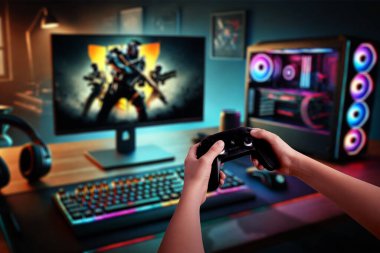 Modern ekran ve RGB ışıklandırmalı oyun sahası önünde oyun sahası tutan eller gelişmiş oyun düzenekleri ve ilgi çekici deneyimler sergiliyor.