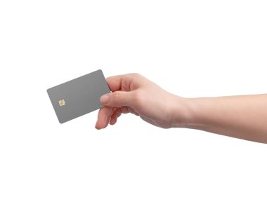 Ayrı bir el boş bir kredi kartı tutuyor, vitrin modelleri, promosyon tasarımları veya kredi ve banka kartlarının markalaşması için mükemmel.