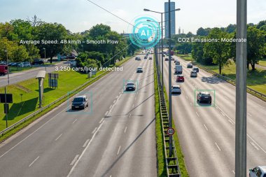 Yapay zeka trafik kontrolü, dijital hız göstergeleri, CO2 emisyon verileri ve gerçek zamanlı araç akış analizi ile çevrili, çağdaş bir şehirde gelecek otoyolu