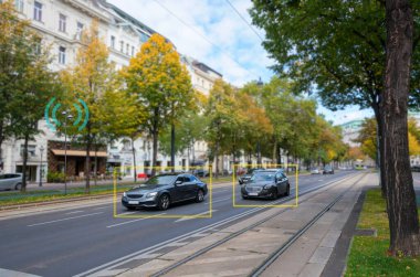 Smart city traffic management  AI controlled system monitors vehicle speed, emissions, and traffic flow on a green urban street, optimizing safety and sustainability clipart