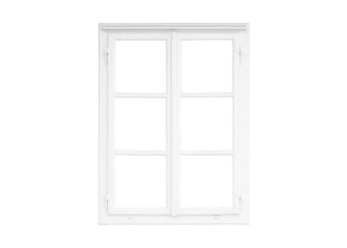 Modern uzun çift beyaz pencere, her kanatta üç kare cam pencere, iki yatay çubukla destekleniyor, modelleme ve mimari tasarım için izole edilmiş.