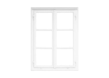 Modern tall double white window with three square glass panes on each wing, supported by two horizontal bars, isolated for mockup and architectural design clipart