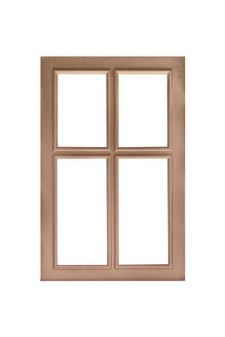Ahşap pencere kanadı dört kısma bölünmüş, üstte iki küçük pencere, altta iki büyük pencere, izole edilmiş arka plan ve model için beyaz cam var.