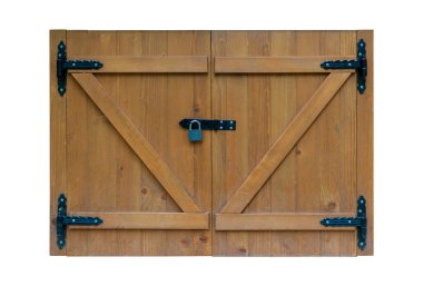 Small double wooden doors with black metal hinges and a padlock, resembling saloon doors from the Wild West or window shutters for added protection clipart