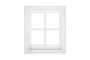 Modern tek kanatlı beyaz kare pencere dört kısma bölünmüş, içeriden ve dışarıdan izole edilmiş, temiz bir grafik ögesi olarak tasarlanmış.