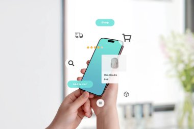 Çevrimiçi alışveriş uygulaması akıllı telefonda, UI bileşenleri etrafta geziniyor, ürünü, fiyatı, teslimatı ve paket durumunu gösteriyor, modern eCommerce deneyimi kavramı
