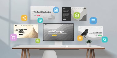 Masaüstü ekranlı yaratıcı web tasarım sahnesi, havadaki çoklu site düzeni ve kullanıcı deneyimi, yerleşim özellikleri ve tasarım sistemi elemanları sunumu için mükemmel temel UI simgeleri.