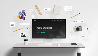 Masaüstü ekranında gösterilen web tasarım arayüzü, düğmeler, resim kutuları ve navigasyon simgeleri gibi yüzen UI bileşenleri ile birlikte kalem, fırça, renk paleti, not defteri ve kamera gibi yaratıcı araçlarla çevrilidir. Tasarımın mükemmel karışımı ince