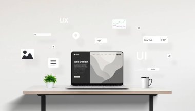 Bir web projesini gösteren bir dizüstü bilgisayarlı modern ofis sahnesi, etrafında kullanıcı dostu ve ilgili web sayfalarının yapı taşlarını temsil eden çeşitli arayüz simgeleri uçarken.