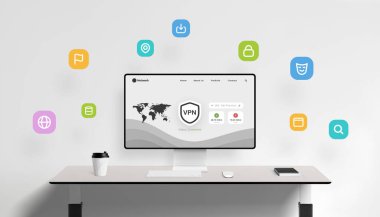 Masaüstü ekranında temiz ofis ortamında gizlilik, şifreleme ve güvenli tarama için yüzen simgelerle modern VPN gösterge arayüzü.