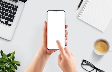 Akıllı telefon modeliyle düz bir sahne, dokunmatik hareket, mobil arayüzü, uygulama tasarımını veya yaratıcı çalışma alanını göstermek için mükemmel