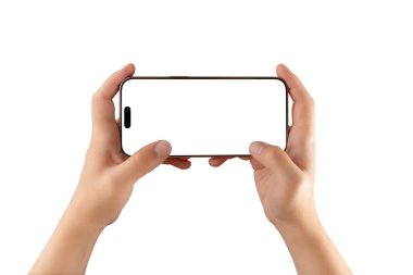 Beyaz arkaplan üzerinde yatay telefon modeli, uygulama gösterimleri, tam ekran içeriği veya ilgili tasarım için ideal