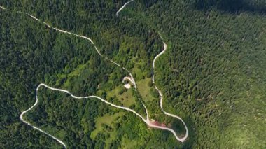 Jahorina yakınlarındaki sık ormanı kesen dolambaçlı dağ yolunun insansız hava aracı görüntüleri.