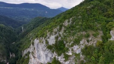 Dik kayalık duvarları, sık ormanı ve vadiyi kesen patikası olan Miljacka Kanyonu 'nun pürüzsüz hava görüntüsü.