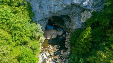 Altından akan, yemyeşil ormanlarla çevrili doğal bir taştan kemerin havadan görünüşü.