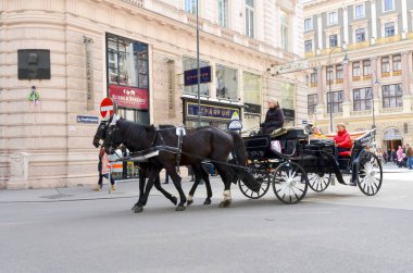 Viyana, Avusturya 7 Ekim 2017: Viyana 'nın tarihi caddelerinden geçen turistlerle geleneksel at arabası.