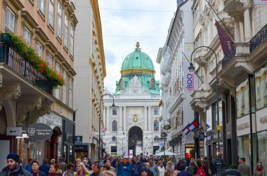 Viyana, Avusturya 7 Ekim 2017: Graben caddesi boyunca Hofburg Sarayı kubbesi arka planda görünen bir kalabalık.
