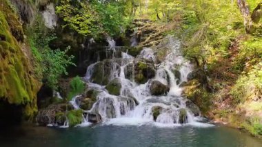 Bereg şelalesine hava yaklaşımı, su akışı ve doğal orman düzeni.