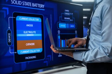 Engineer show solid state battery pack for electric vehicle (EV) on electronic screen clipart