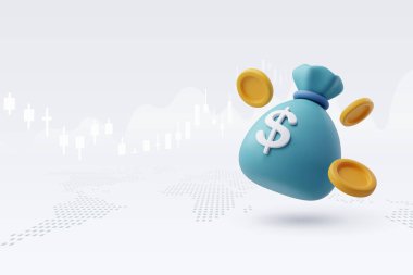 3D Vector Poşet Para Çantası ve Bozukluklar, Çevrimiçi ödeme, İş ve Finans Konsepti.