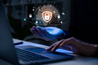 Cyber security and network protection, Private key concept, Businessman holding security icon for business and internet.