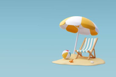 3d Vector Plaj Sandalyesi, Sarı Şemsiye ve Balo, Yaz Tatili, Seyahat Zamanı.
