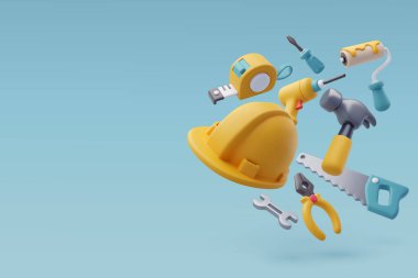 İnşaat araçlarının 3d Vektörü simge seti, endüstriyel ve işçi ekipmanı.