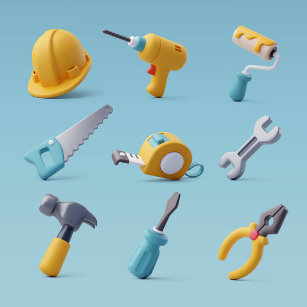 3d Набор иконок для строительных инструментов, промышленного и рабочего оборудования.