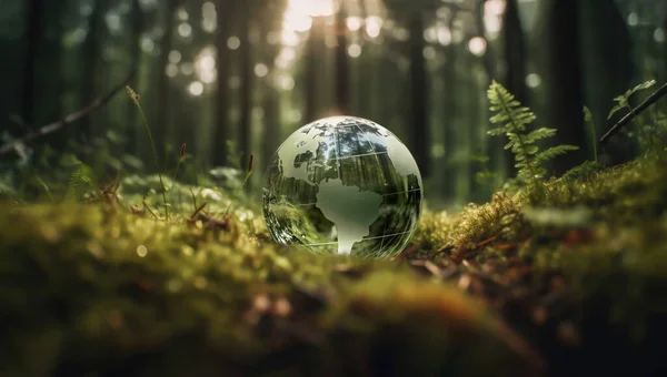 Crystal Globe Putting Moss Ecology Environment Sustainable Concept — Stock Photo, Image
