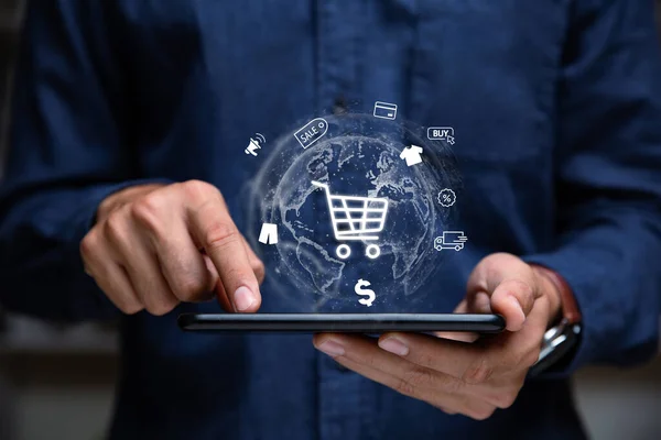 Hand Businessman Showing Shopping Cart Icon Tablet Online Shopping Commerce — Stock Photo, Image