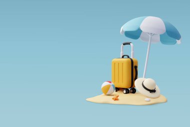 3D Vector valizleri, Mavi Şemsiye ve Balo, Yaz tatili, Seyahat Zamanı.